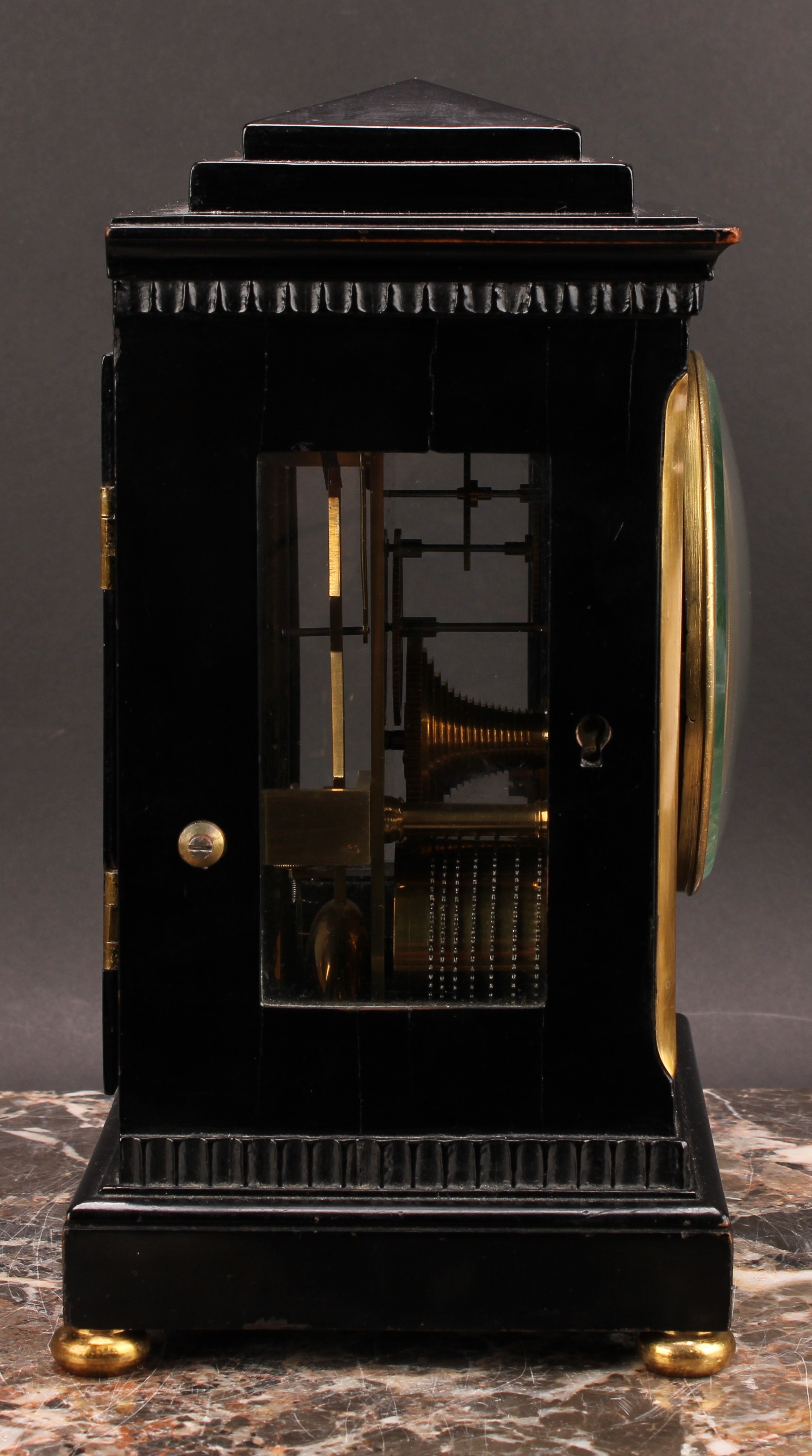 A 19th century ebonised bracket timepiece, of small proportions, 9.5cm engine turned gilt clock dial - Image 4 of 6
