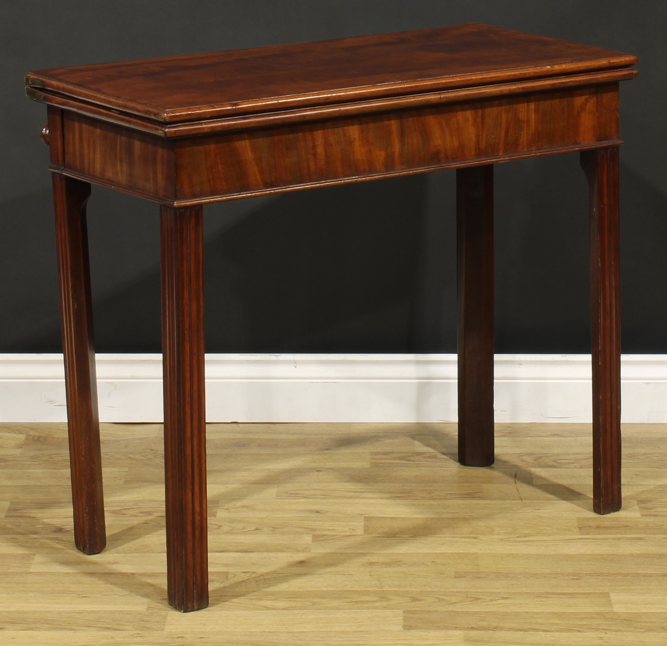 A George III mahogany card table, hinged top enclosing a baize lined playing surface, moulded - Image 3 of 5