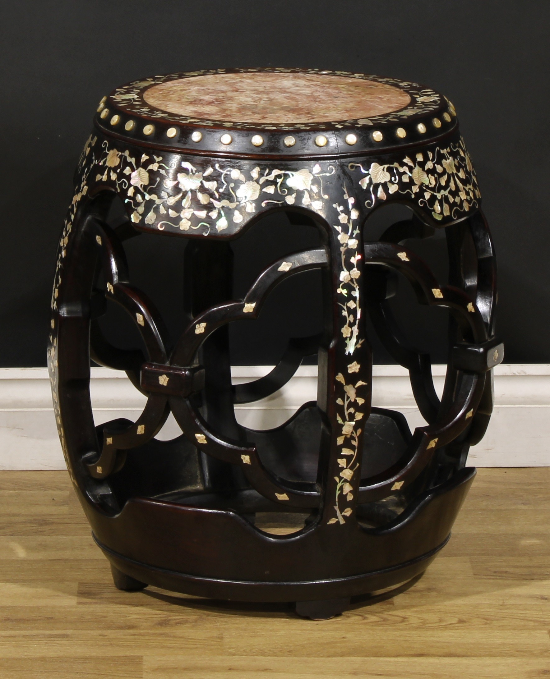 A Chinese hardwood and mother of pearl marquetry barrel shaped meditation fangdeng or stool, - Image 2 of 2