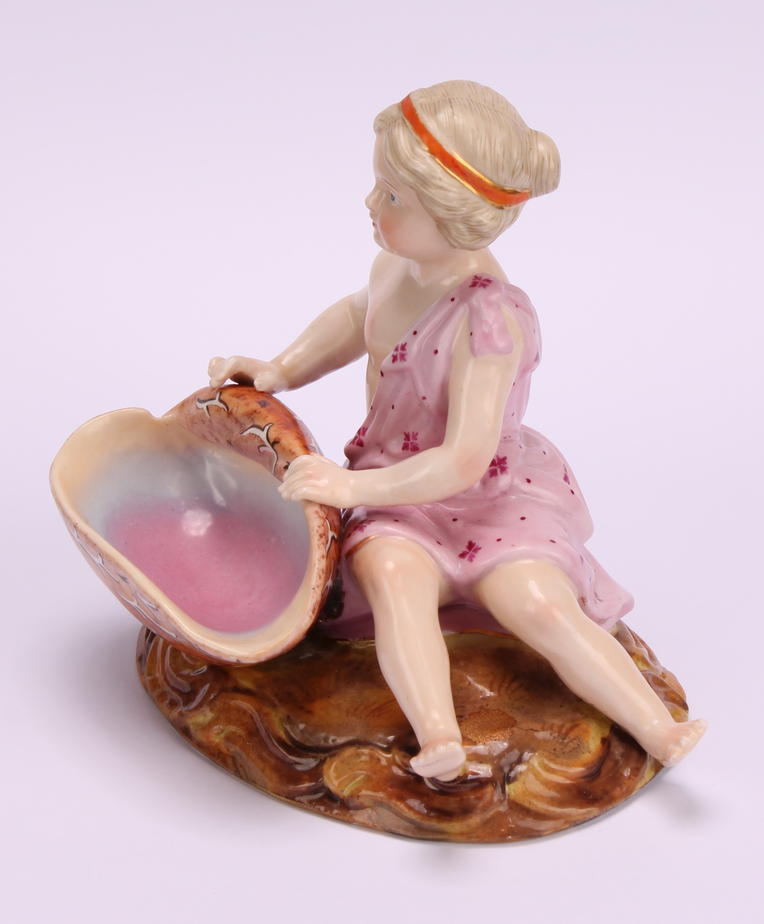 A pair of 19th century Sitzendorf figural table salts, of children holding seashells, decorated in - Image 8 of 10