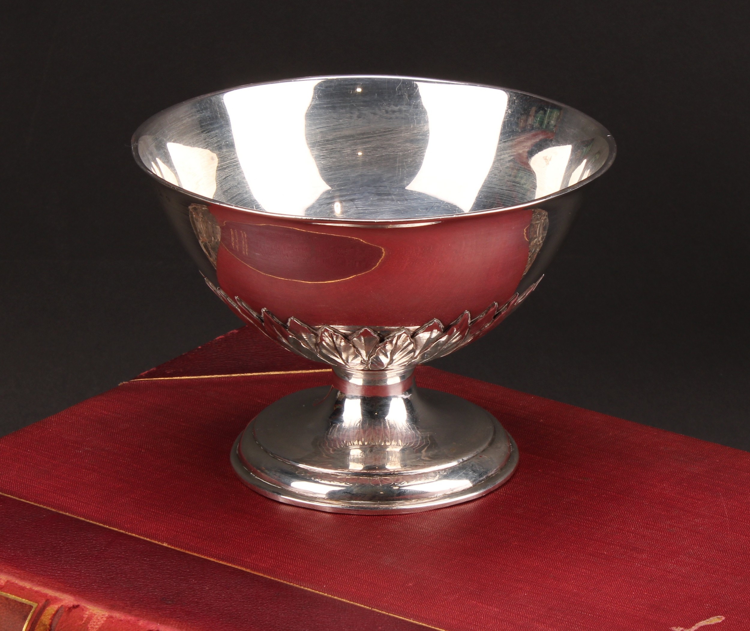 A 19th century silver pedestal bowl, leafy cut-card socle, domed circular base, 15.5cm diam,