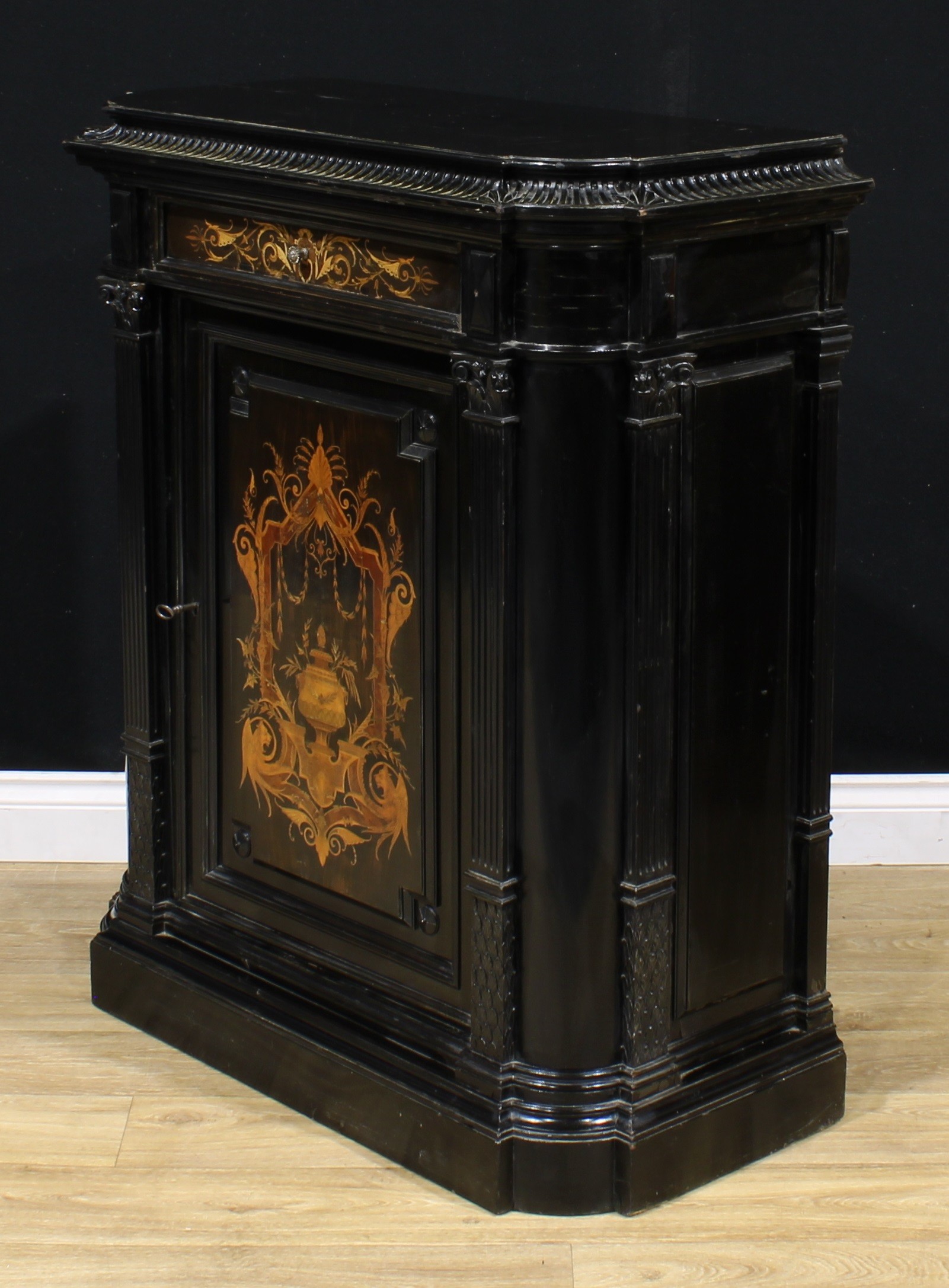 A pair of 19th century Continental ebonised and marquetry pier cabinets, each with a concave moulded - Image 6 of 12