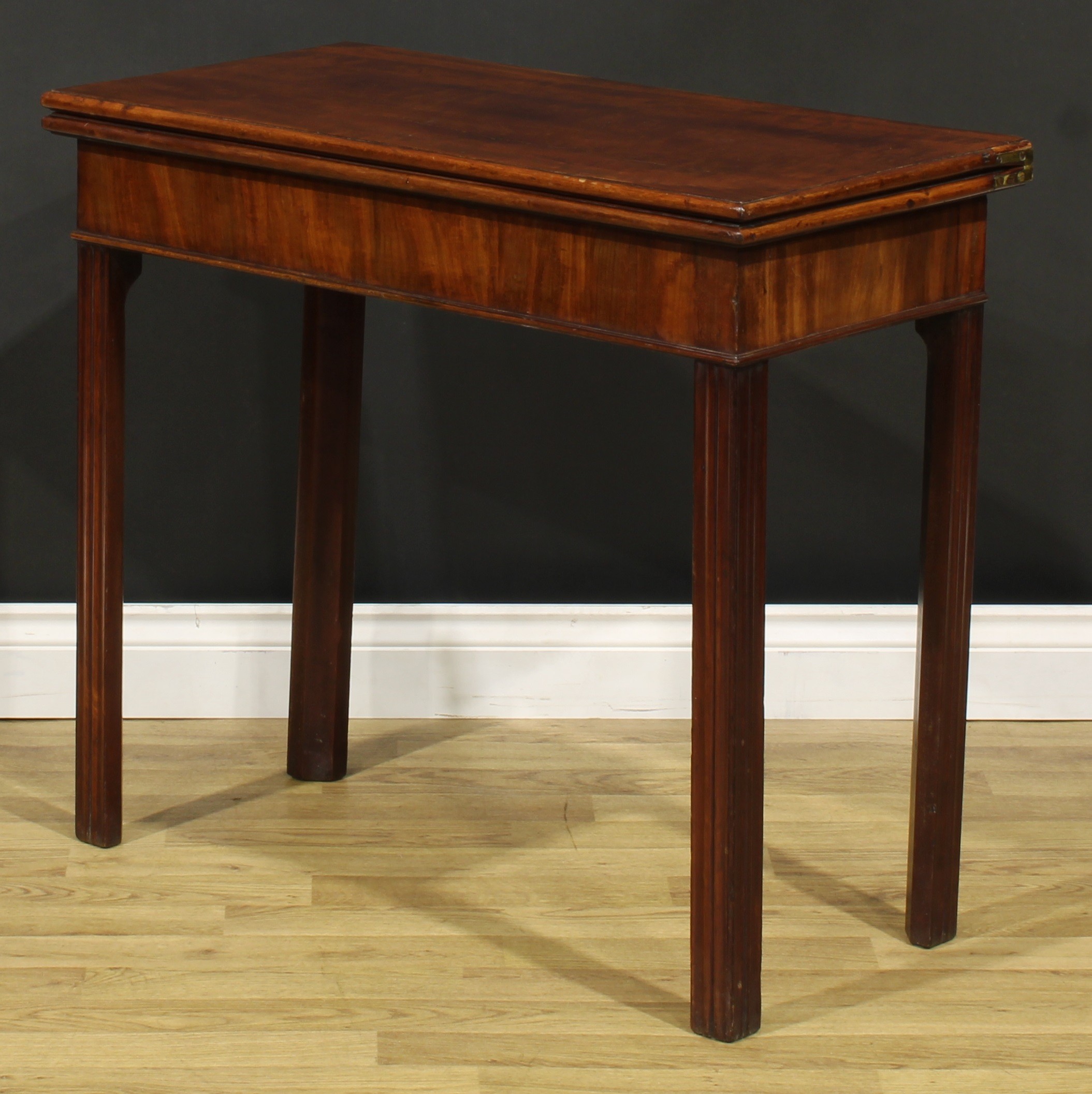 A George III mahogany card table, hinged top enclosing a baize lined playing surface, moulded - Image 4 of 5