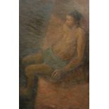 Patrick Procktor RA (1936 – 2003) Portrait of a Man, full-length, seated, nude but for his draped