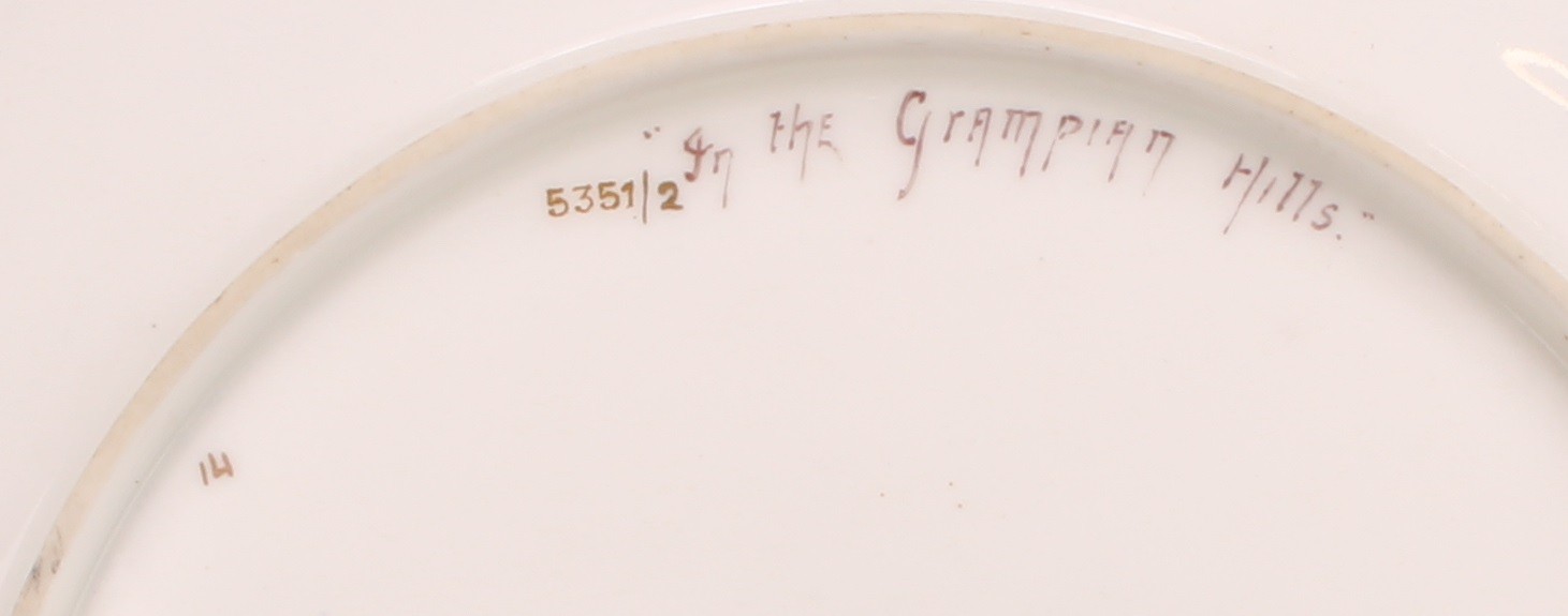 A Coalport Named View shaped circular plate, painted by P. Simpson, signed, In The Grampian Hills, - Bild 5 aus 6