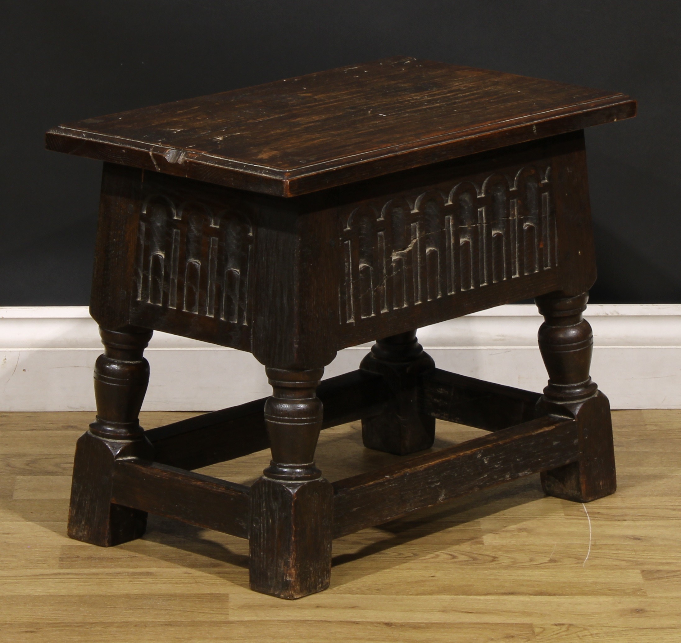A Charles II style oak box stool, hinged top above a stop-nulled frieze, 43.5cm high, 54cm wide, - Image 2 of 5