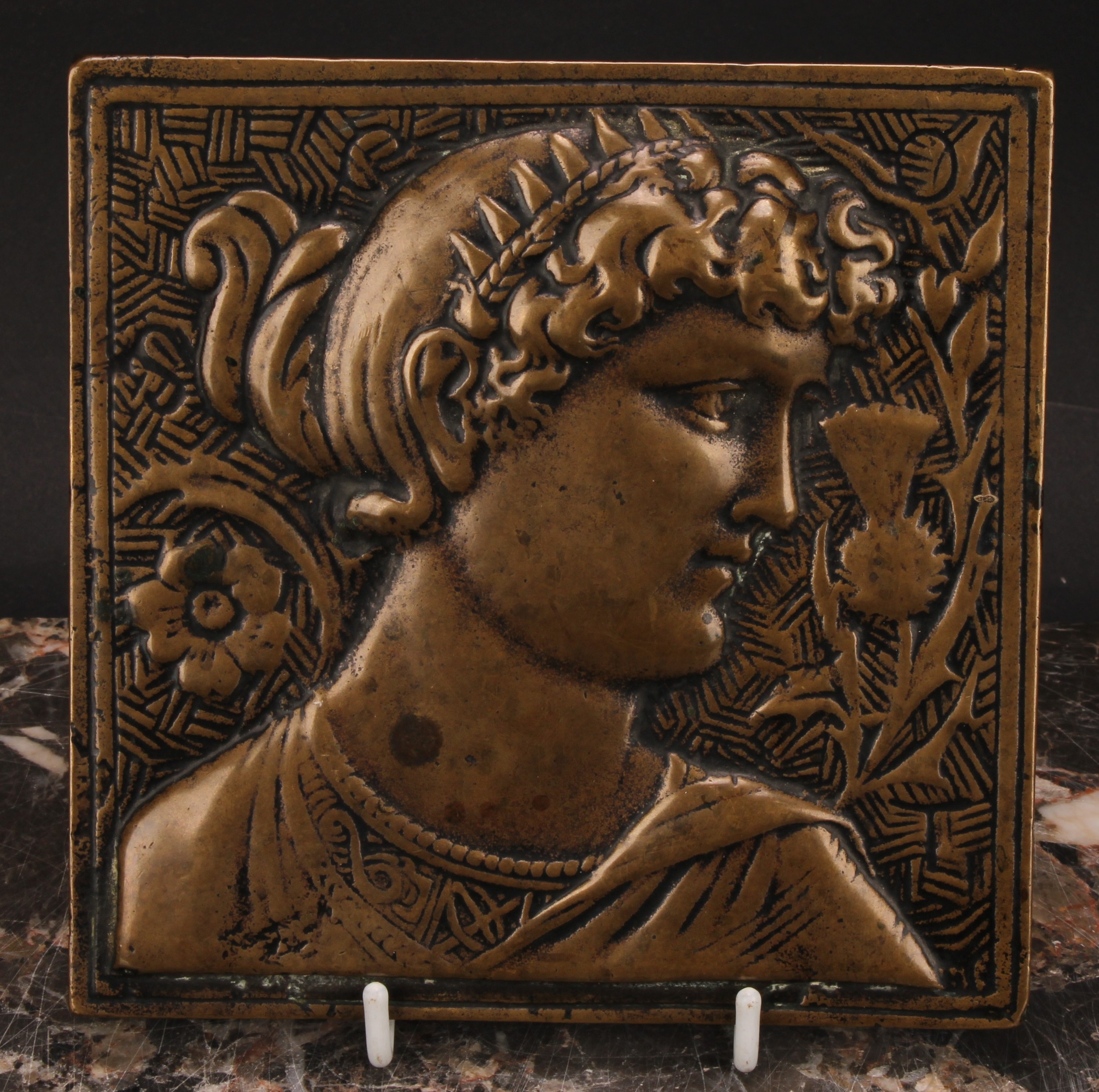 An early 20th century bronze plaque or tile, as Diana, after a design by Minton, Hollins & Co., - Image 2 of 3