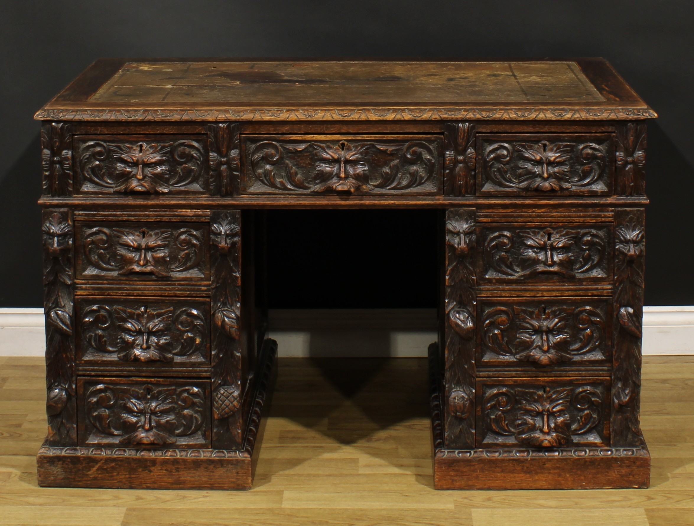 A late Victorian oak twin pedestal desk, rectangular top with foliate carved edge and inset - Image 2 of 6