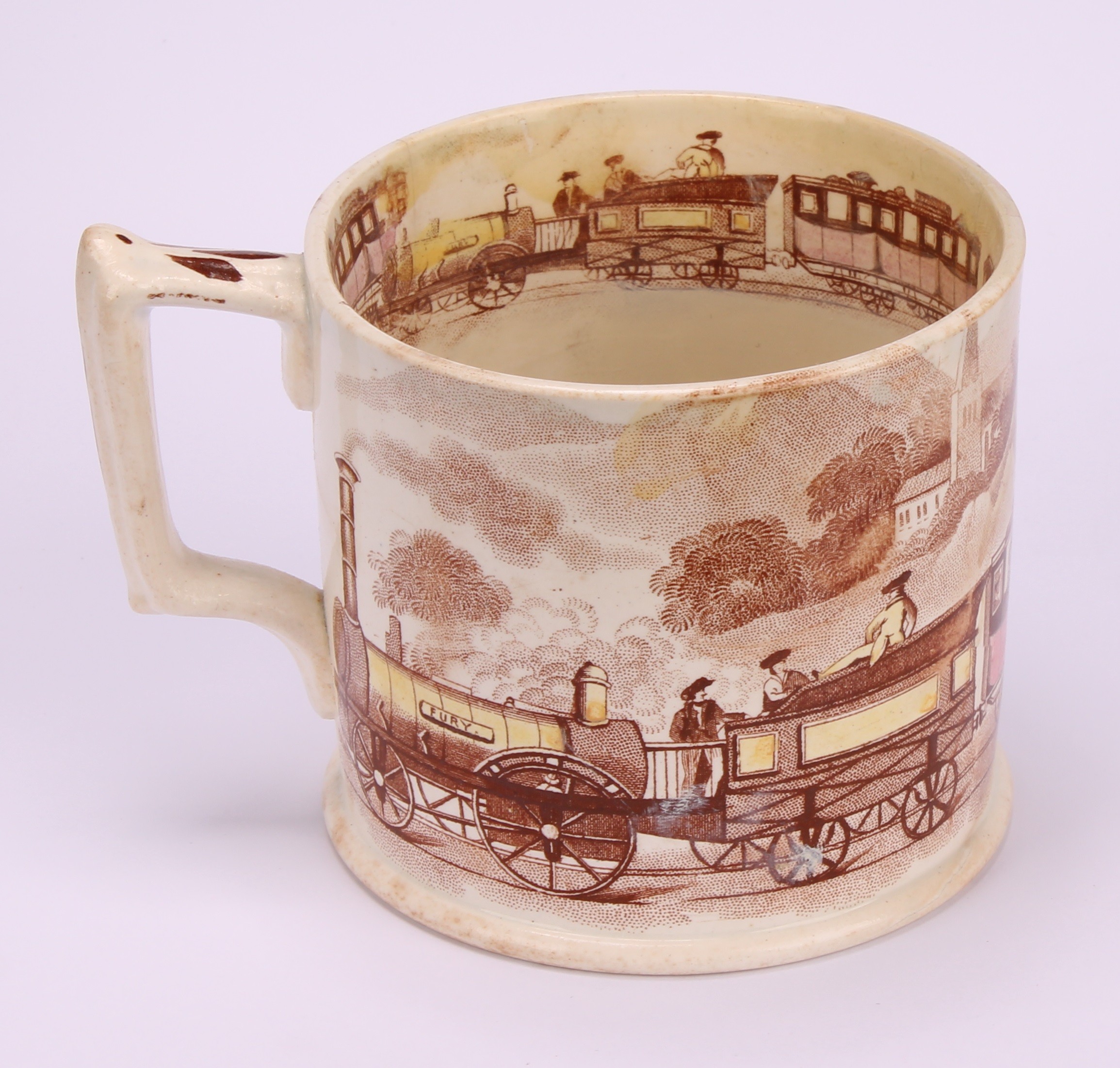 Railway Interest - steam locomotives, a 19th century Staffordshire pearlware mug, printed in sepia - Bild 9 aus 10