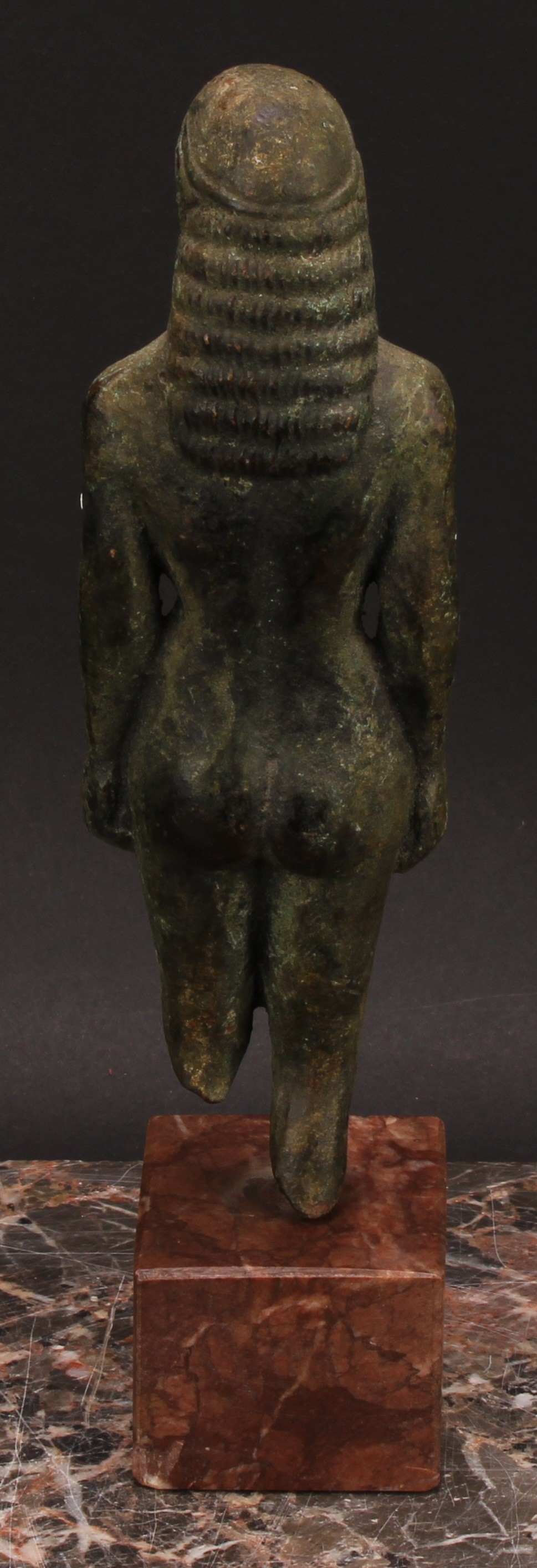 A green patinated bronze figure, Greek Kouros, in the Grand Tour manner, rectangular rouge marble - Image 5 of 5