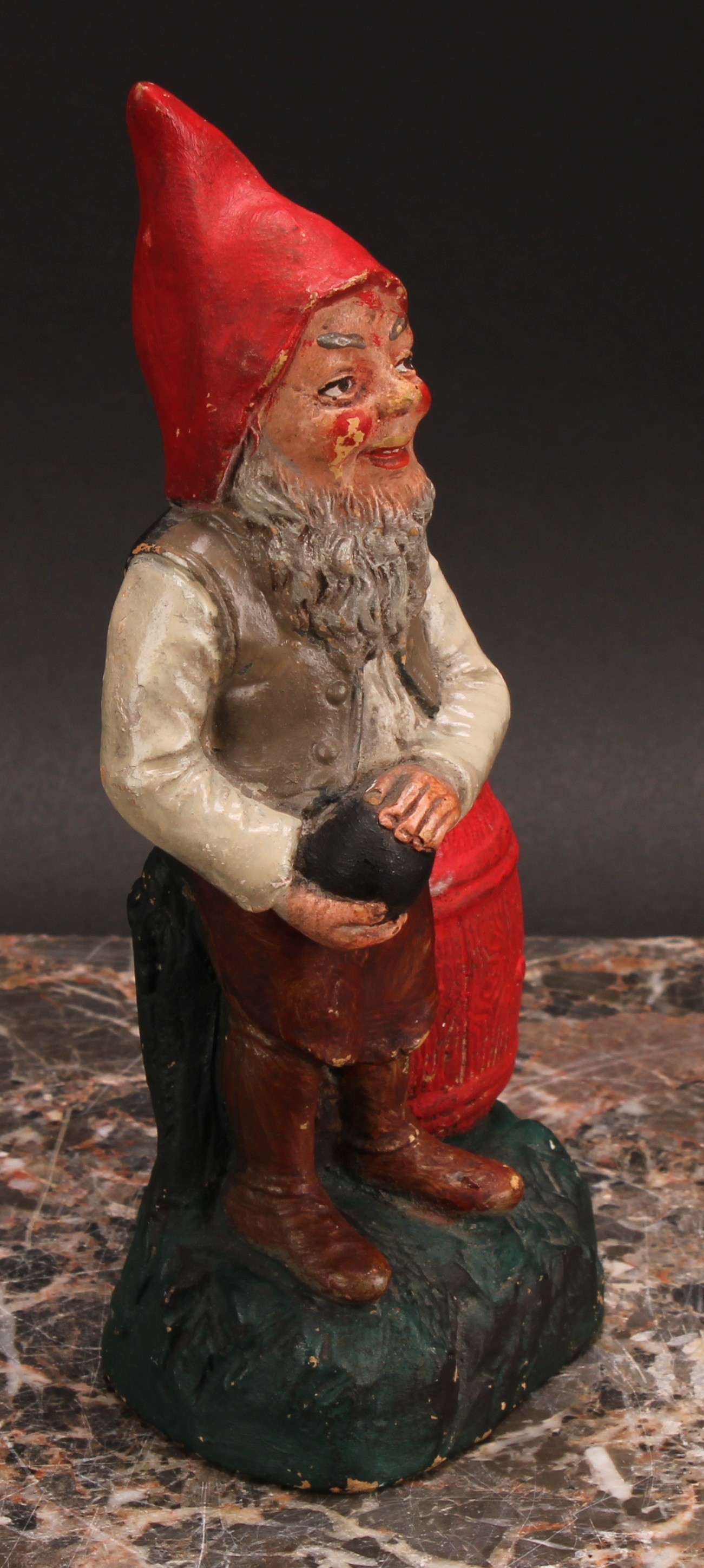 An Austrian terracotta gnome, by Johann Maresch, he stands, playing bowls, 23cm high, impressed - Image 3 of 6