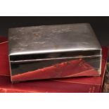 A large Japanese silver and mixed metal rectangular cigar box, hinged cover engraved with