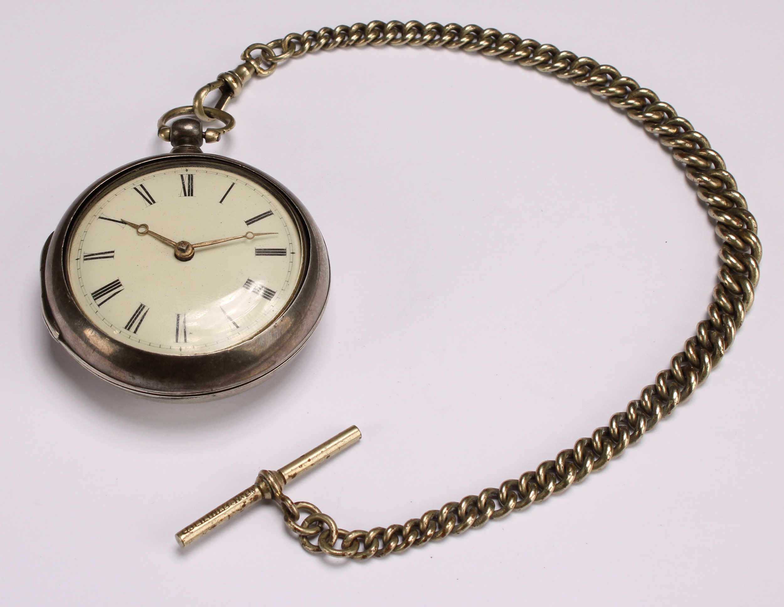 A George III silver pair case pocket watch, by Shepperley, Nottingham, 4.5cm enamel dial inscribed - Image 2 of 7
