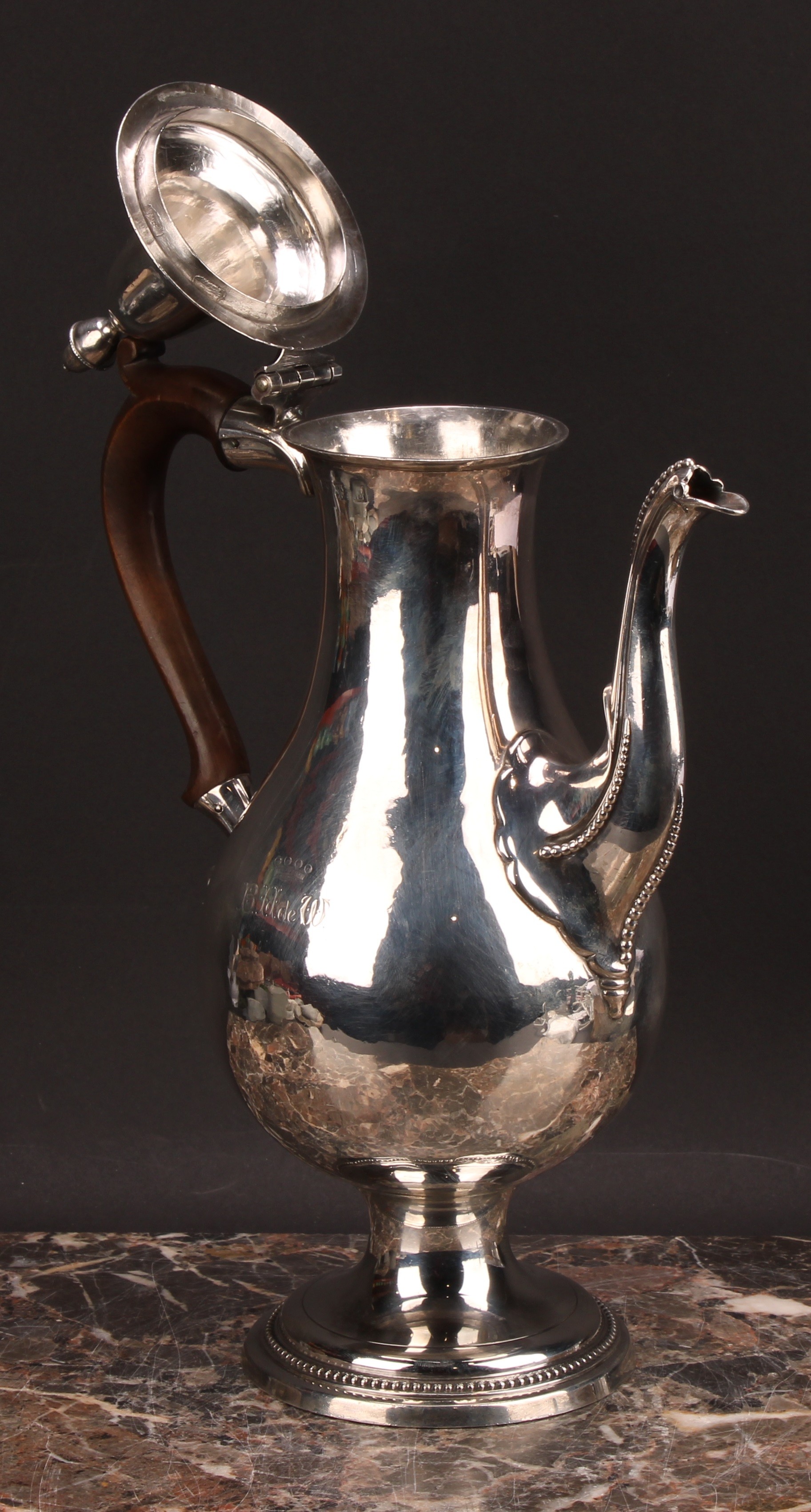 A George III provincial silver baluster coffee pot, hinged lofty domed cover with acorn finial, - Image 4 of 6