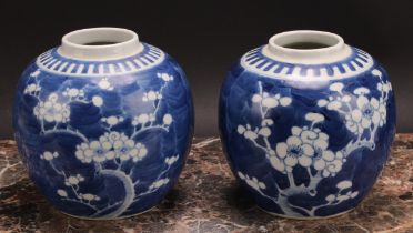 A Chinese ovoid ginger jar, painted in tones of underglaze blue with blossoming prunus on a ground