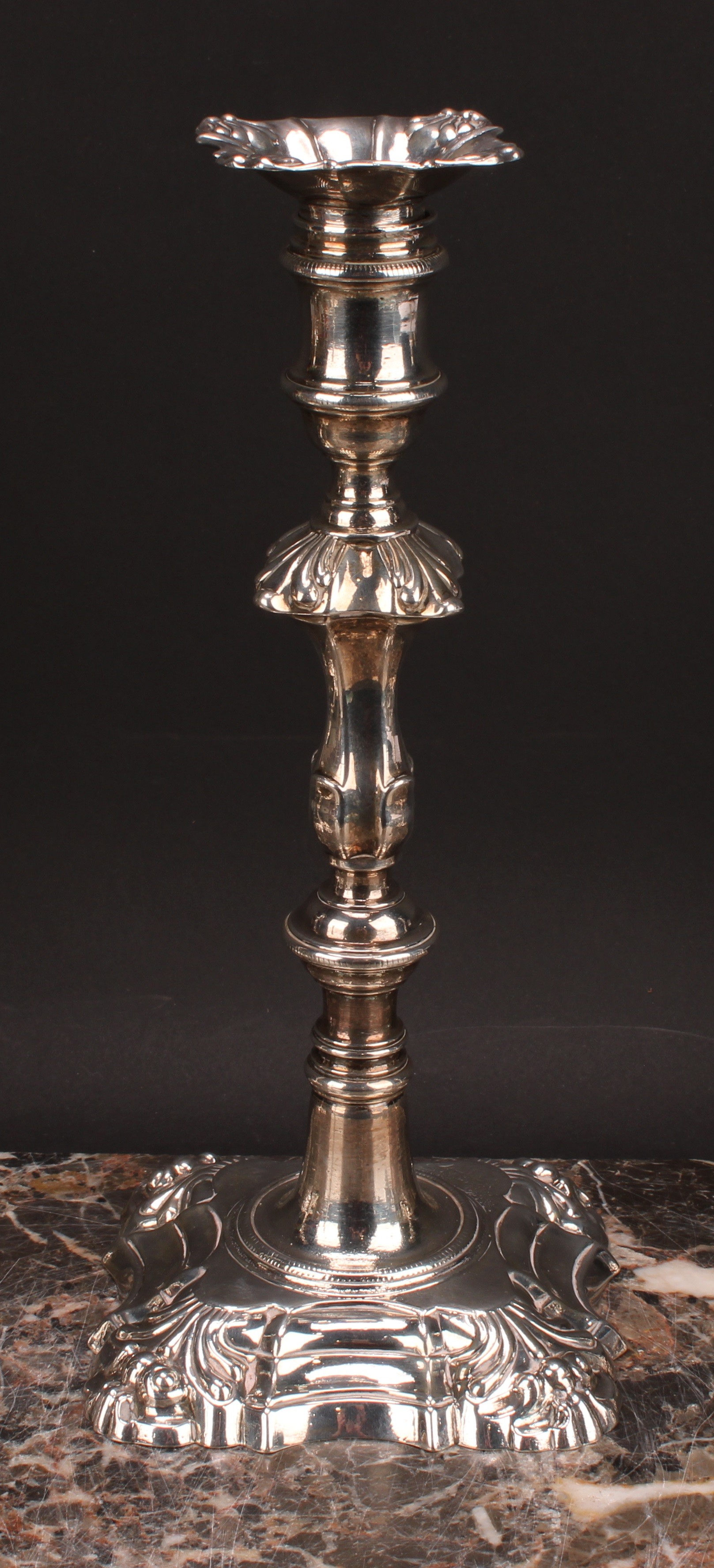 A composed set of four George II/early George III cast table candlesticks, detachable nozzles, - Image 3 of 14