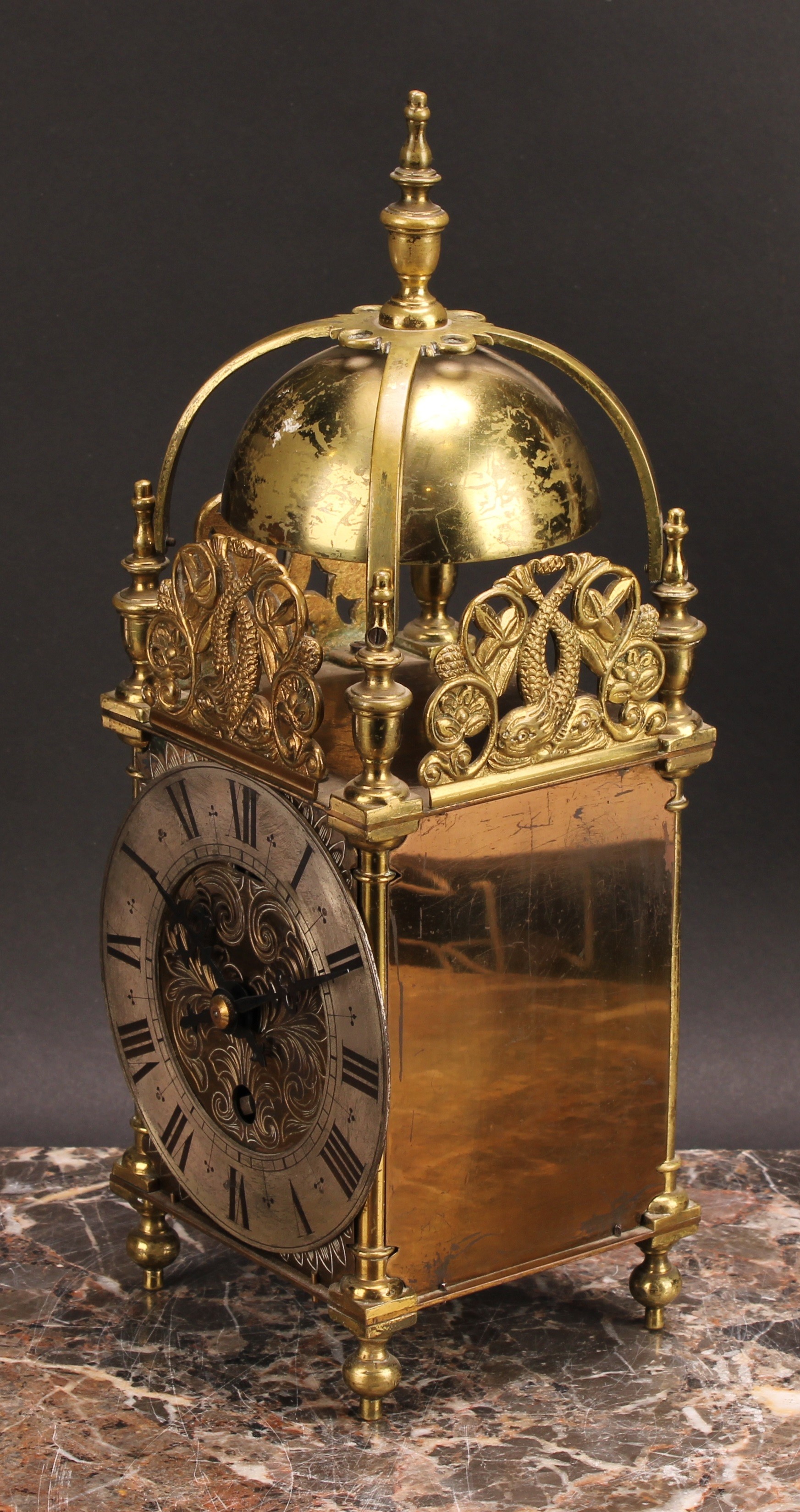 A 17th century style brass lantern timepiece, 11.5cm silvered clock dial inscribed with Roman - Image 3 of 4
