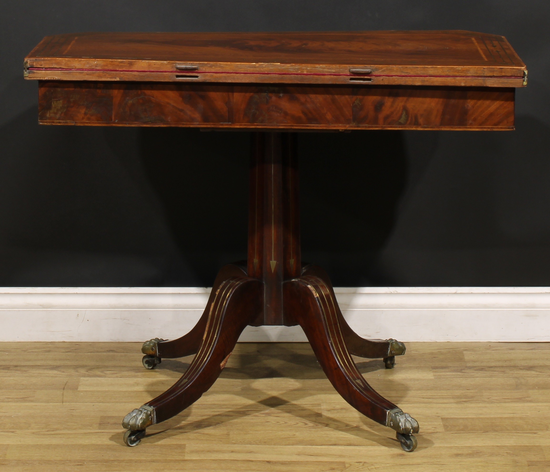 A Regency mahogany and brass marquetry card table, hinged top enclosing a baize lined playing - Image 6 of 6