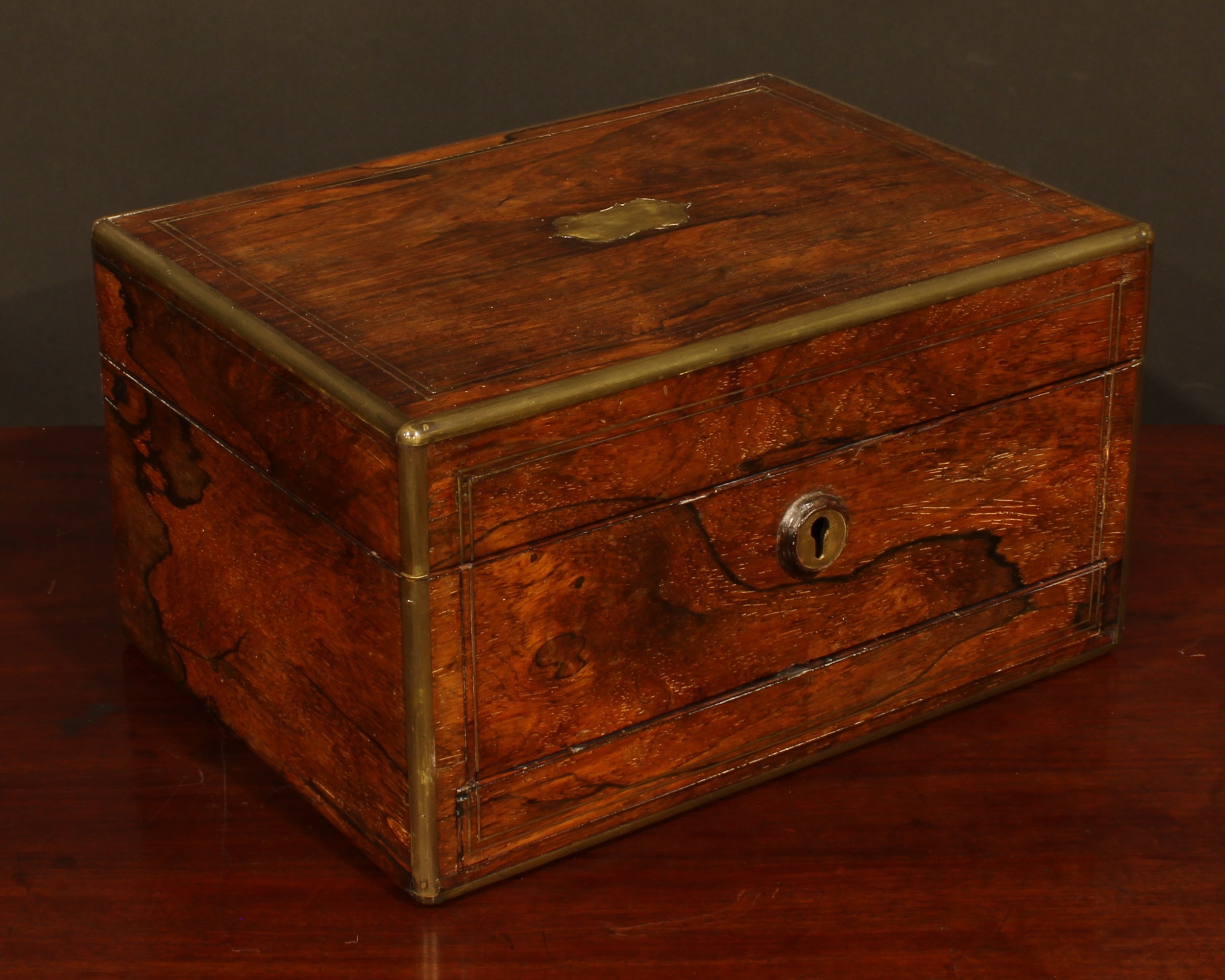 A Victorian rosewood and brass bound rectangular work box, hinged cover enclosing a fitted - Image 4 of 4