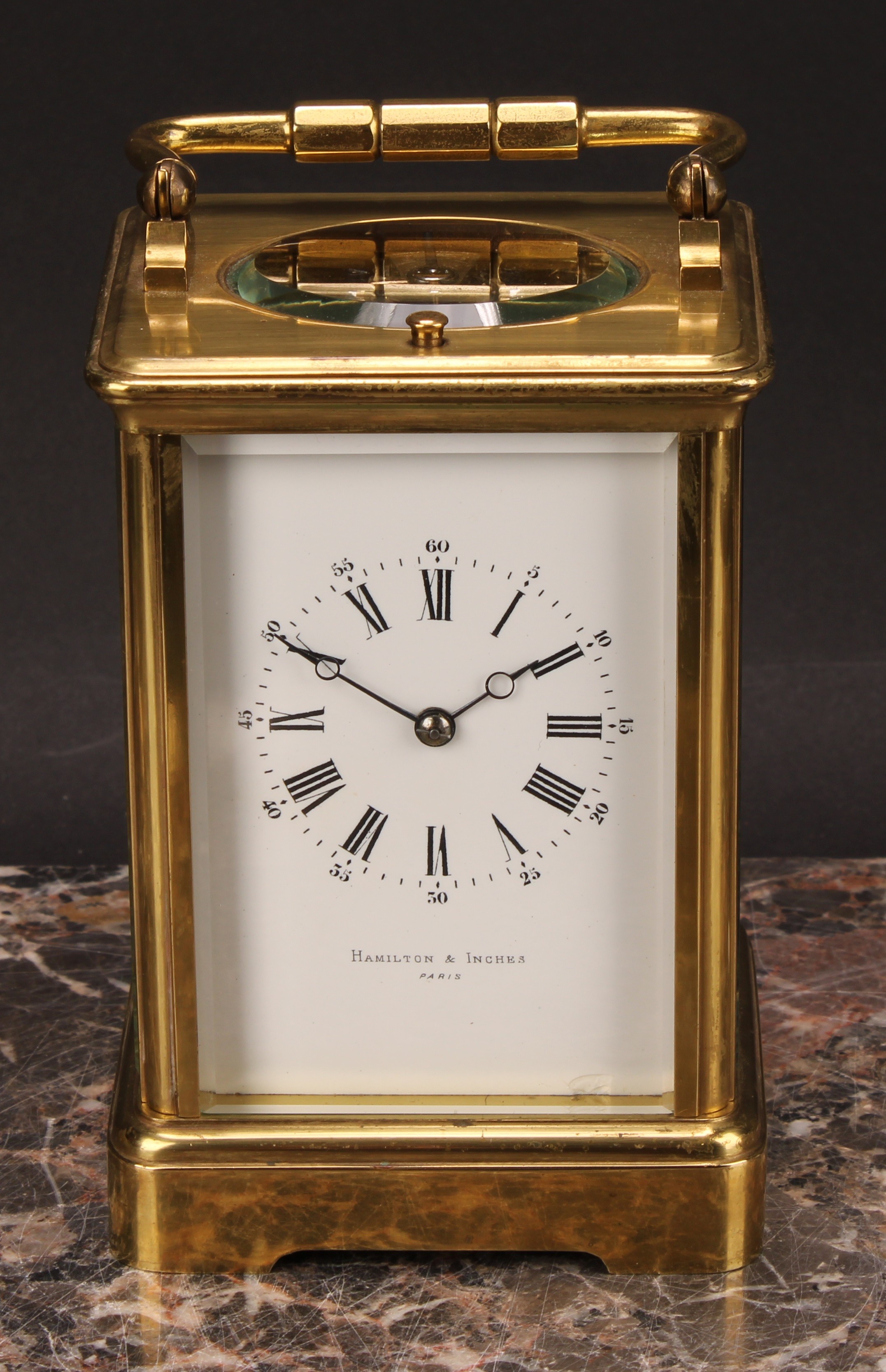 An early 20th century brass repeater carriage clock, 6cm enamel dial inscribed HAMILTON & INCHES - Image 2 of 6