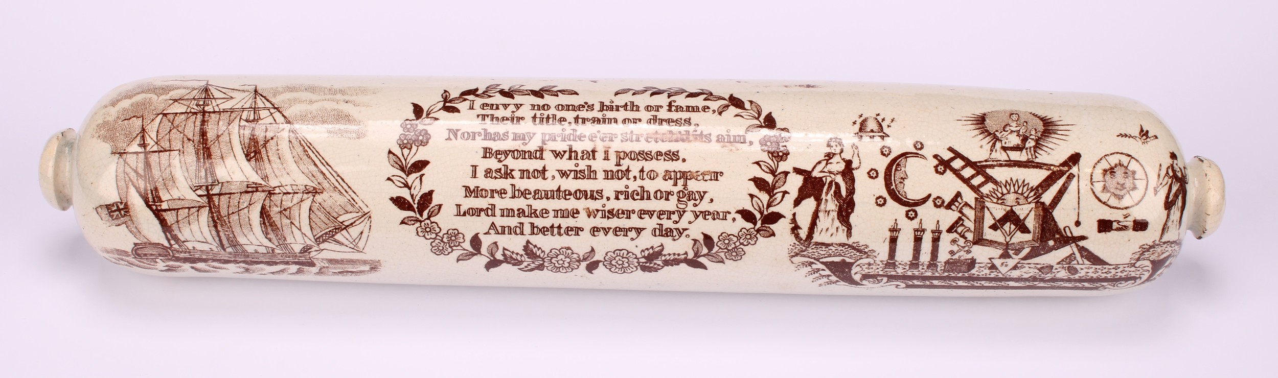 A Sunderland Masonic rolling pin, printed in sepia tones, I envy no one's birth or fame..., with - Bild 2 aus 3