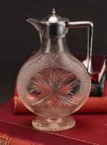 A late Victorian silver mounted hobnail-cut clear glass moon flask claret jug, hinged domed cover