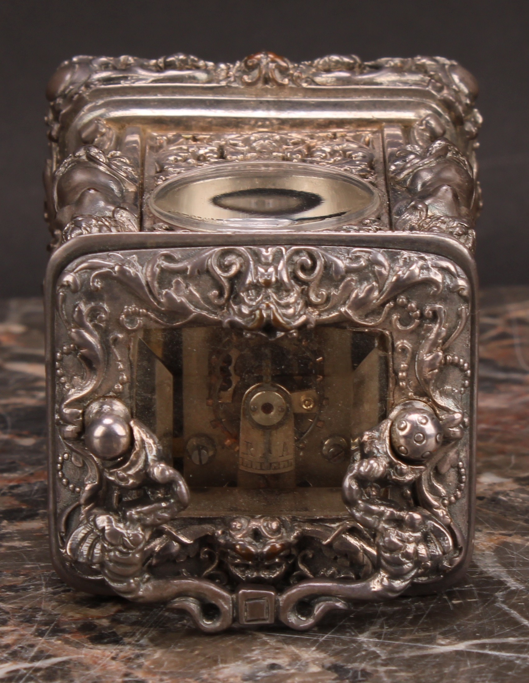 A 19th century French silver plated miniature carriage timepiece, 2.5cm clock dial inscribed with - Image 7 of 8