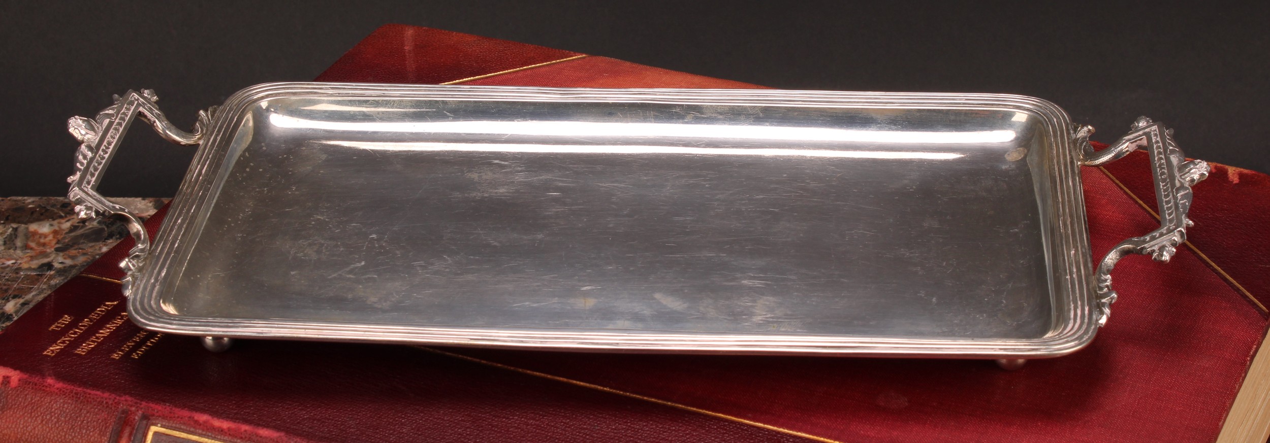 A Continental silver two-handled rounded rectangular sandwich tray, reeded border, 30.5cm wide,