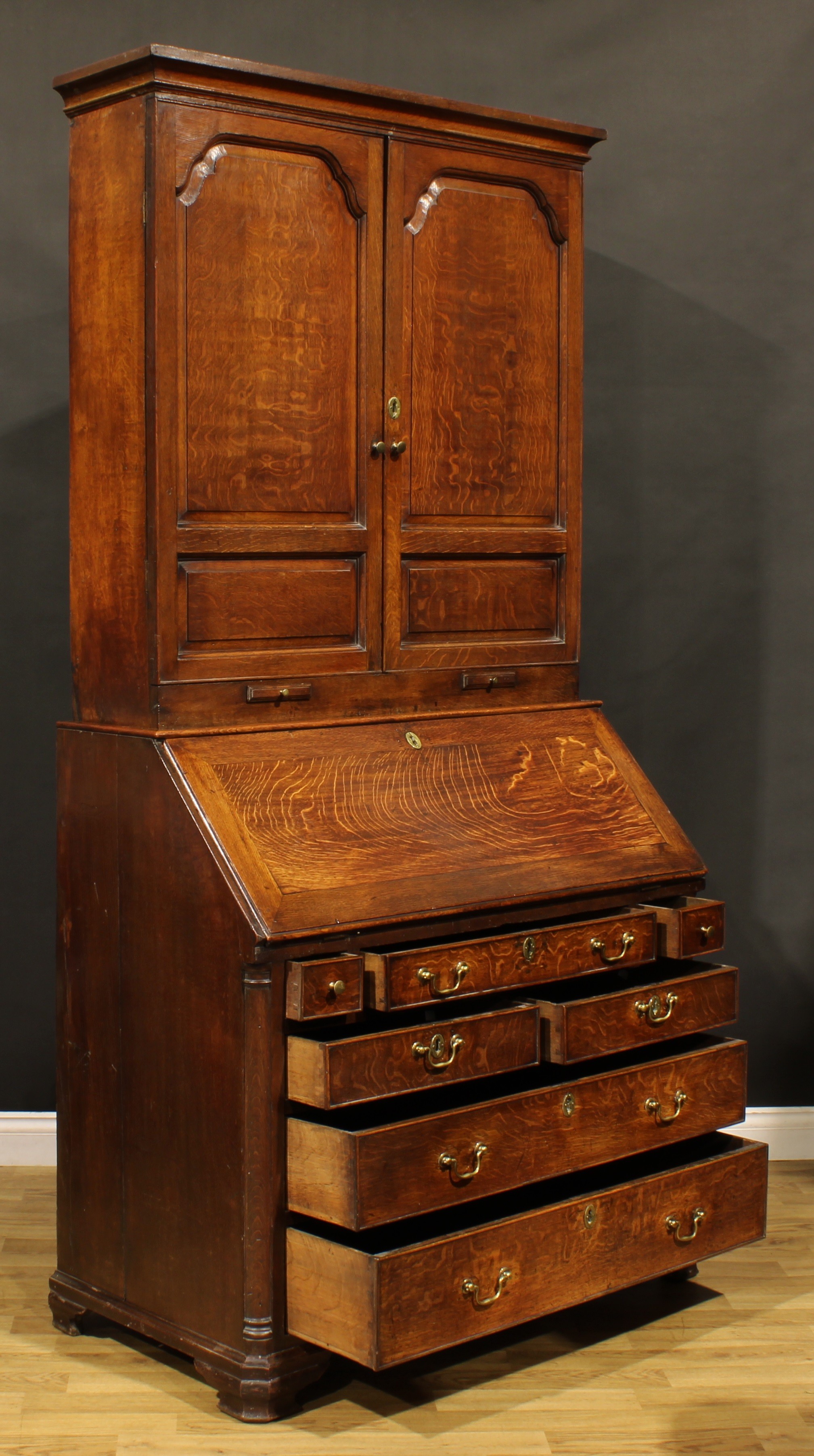 A George III oak estate office enclosed bureau bookcase, moulded cornice above a pair of raised - Image 5 of 5