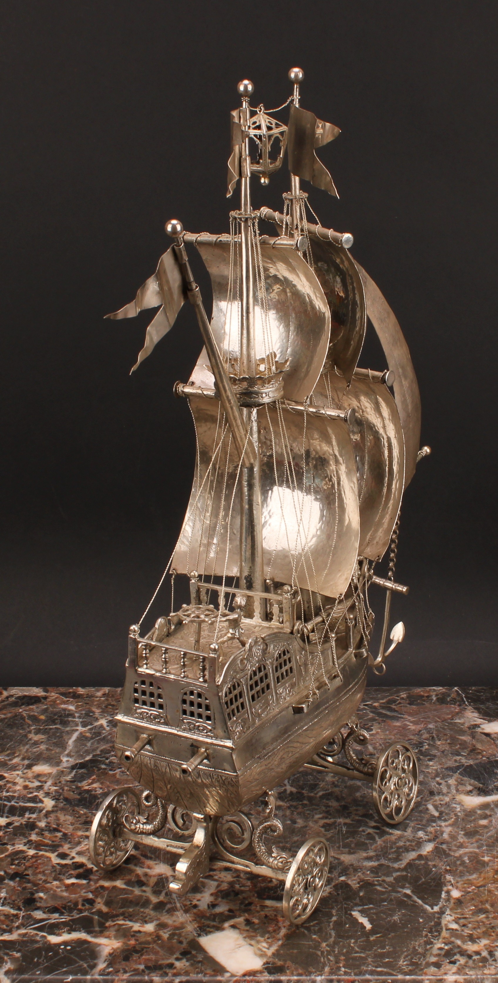 A Dutch silver nef, typically cast and wrought as a two-masted sailing ship, with billowing sails - Image 4 of 5