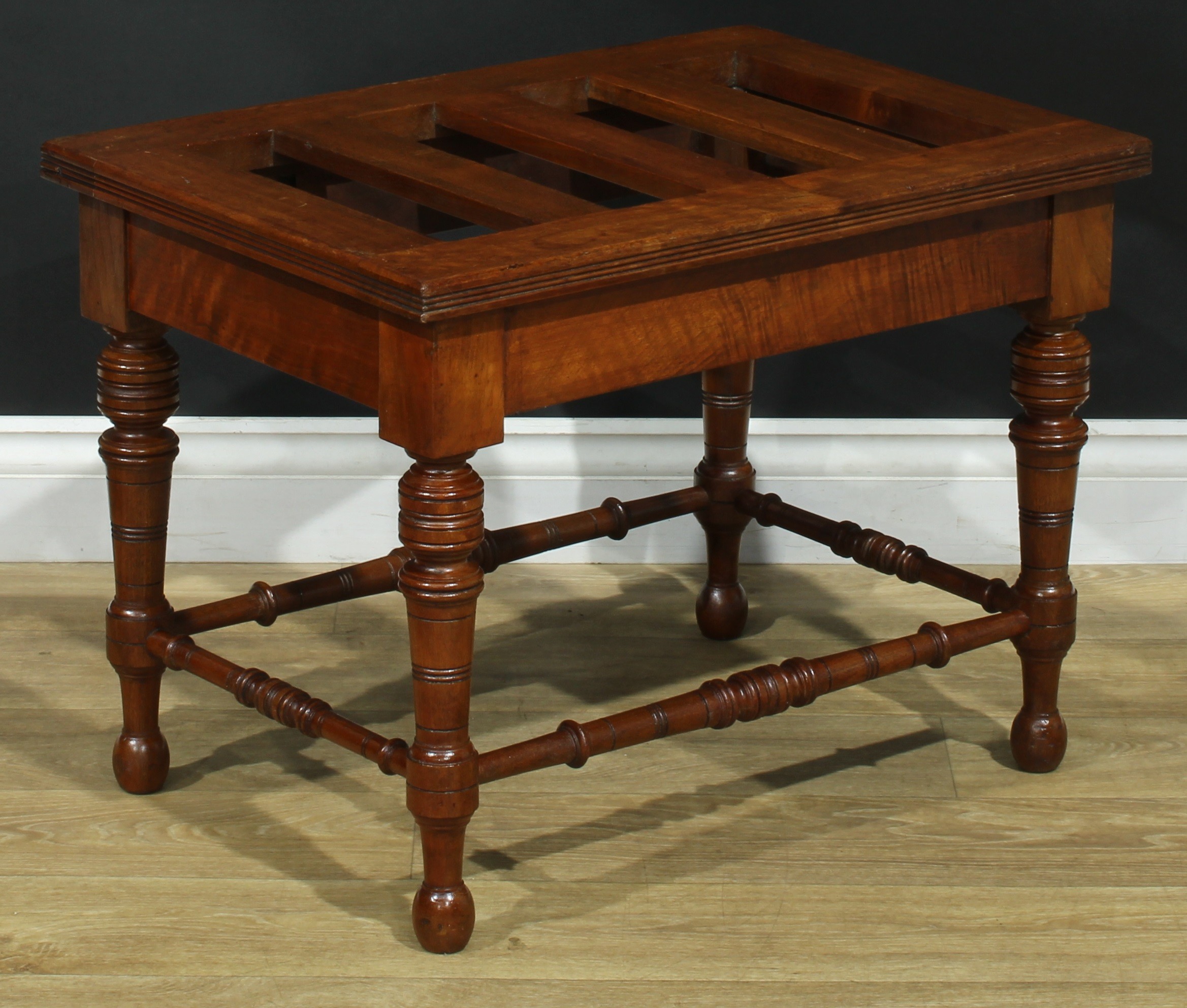 A pair of late Victorian walnut and mahogany rectangular luggage stands, each with oversailing - Image 3 of 9