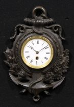 A late 19th century cast iron novelty wall timepiece, of Naval interest, 10cm clock dial inscribed