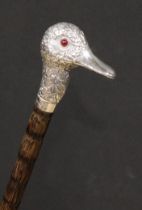 A Victorian silver mounted novelty walking stick, by Brigg, the handle as the head of a duck,