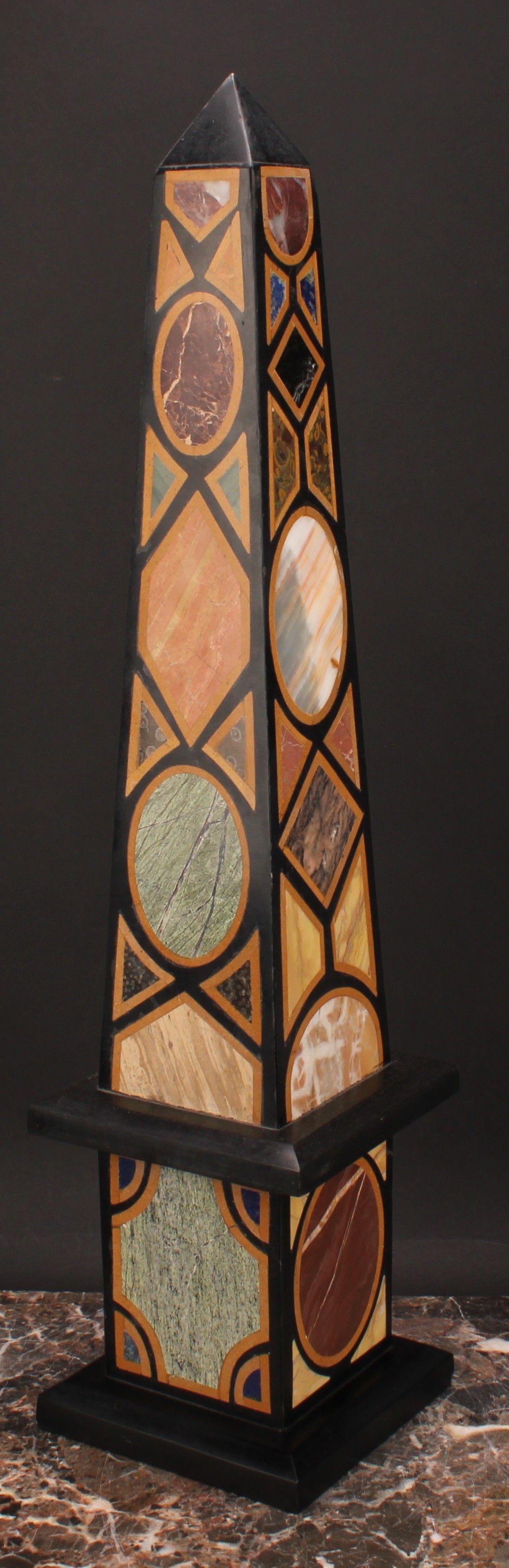 A large pietra dura library obelisk, inlaid with lapis lazuli and other specimen stones, square - Image 3 of 5