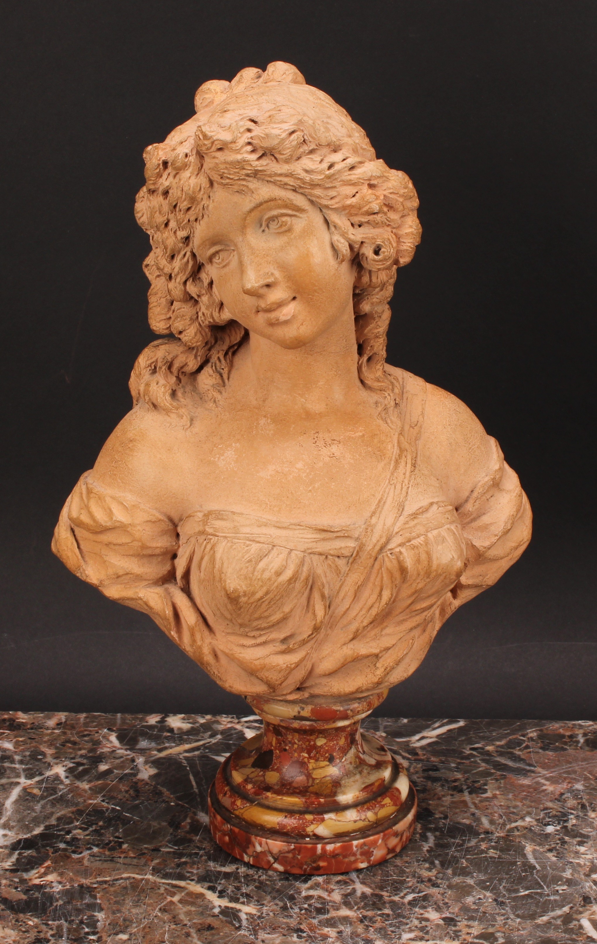 Italian School (19th century), a terracotta portrait bust, of a young beauty, Breccia marble plinth, - Image 2 of 5