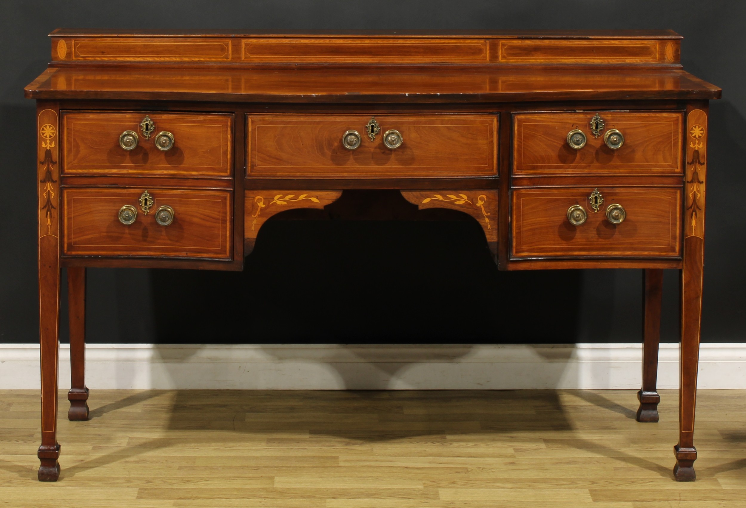 A Sheraton Revival satinwood banded mahogany and marquetry serpentine serving table or sideboard, - Image 2 of 6