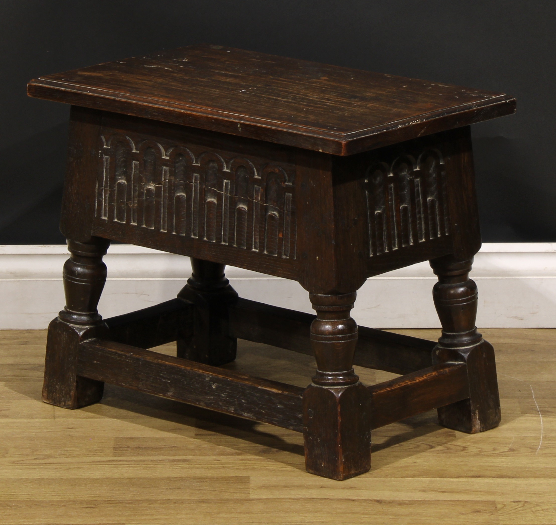 A Charles II style oak box stool, hinged top above a stop-nulled frieze, 43.5cm high, 54cm wide, - Image 4 of 5