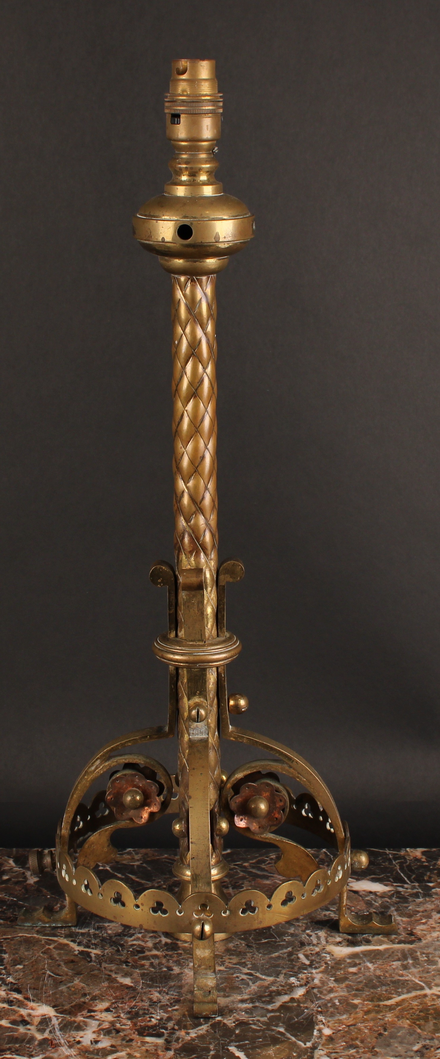 A Neo Gothic brass and copper table lamp, in the manner of William Burgess, the circular base - Image 2 of 2