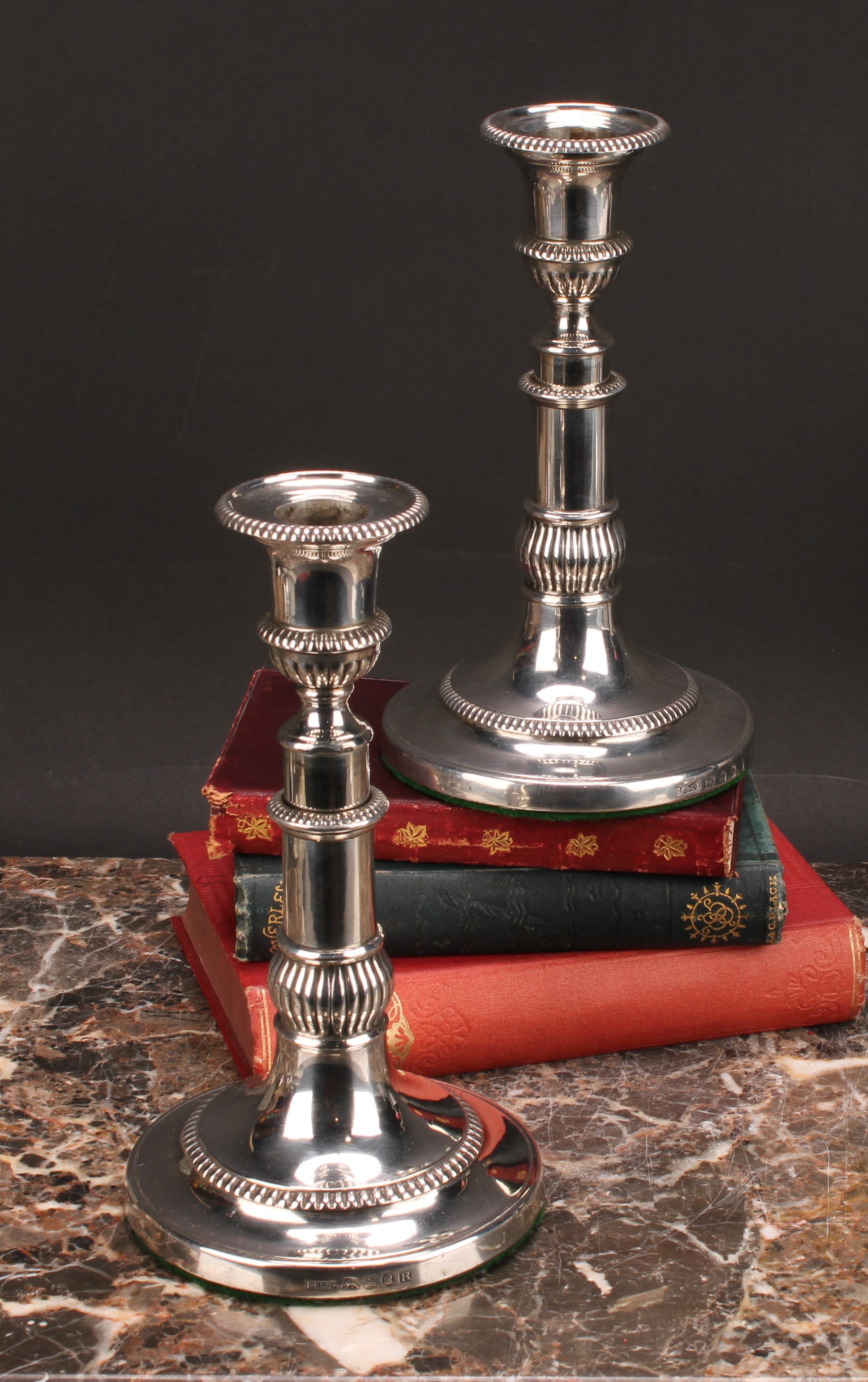 George III silver telescopic candlesticks, campana sconces, fluted borders, 19cm extending to 26cm