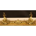 A 19th century ormolu hearth suite, comprising chenets and fire curb, cast in the Rococo taste