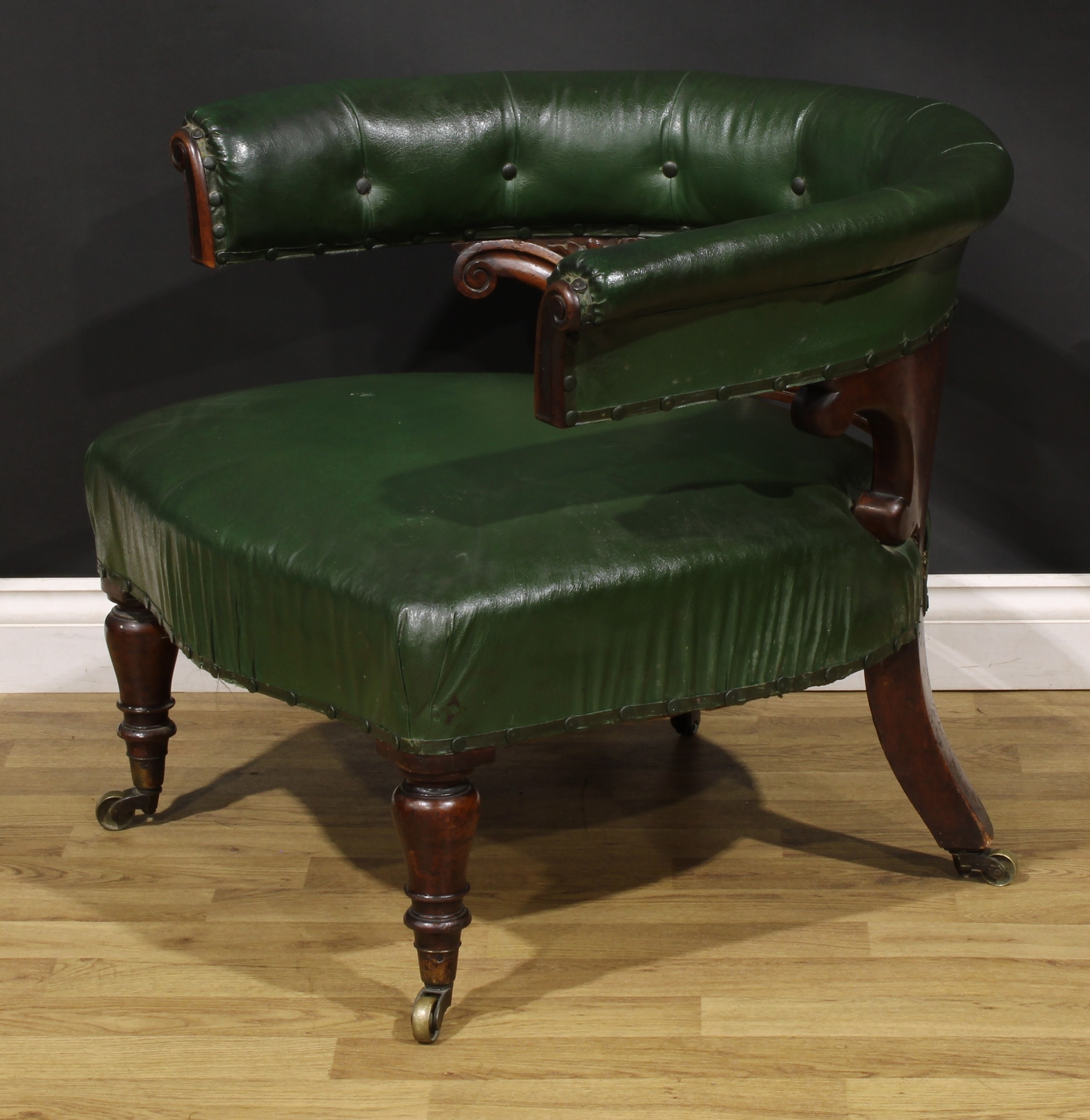 A Victorian rosewood and mahogany club library chair, stuffed-over upholstery, turned forelegs, - Image 3 of 4