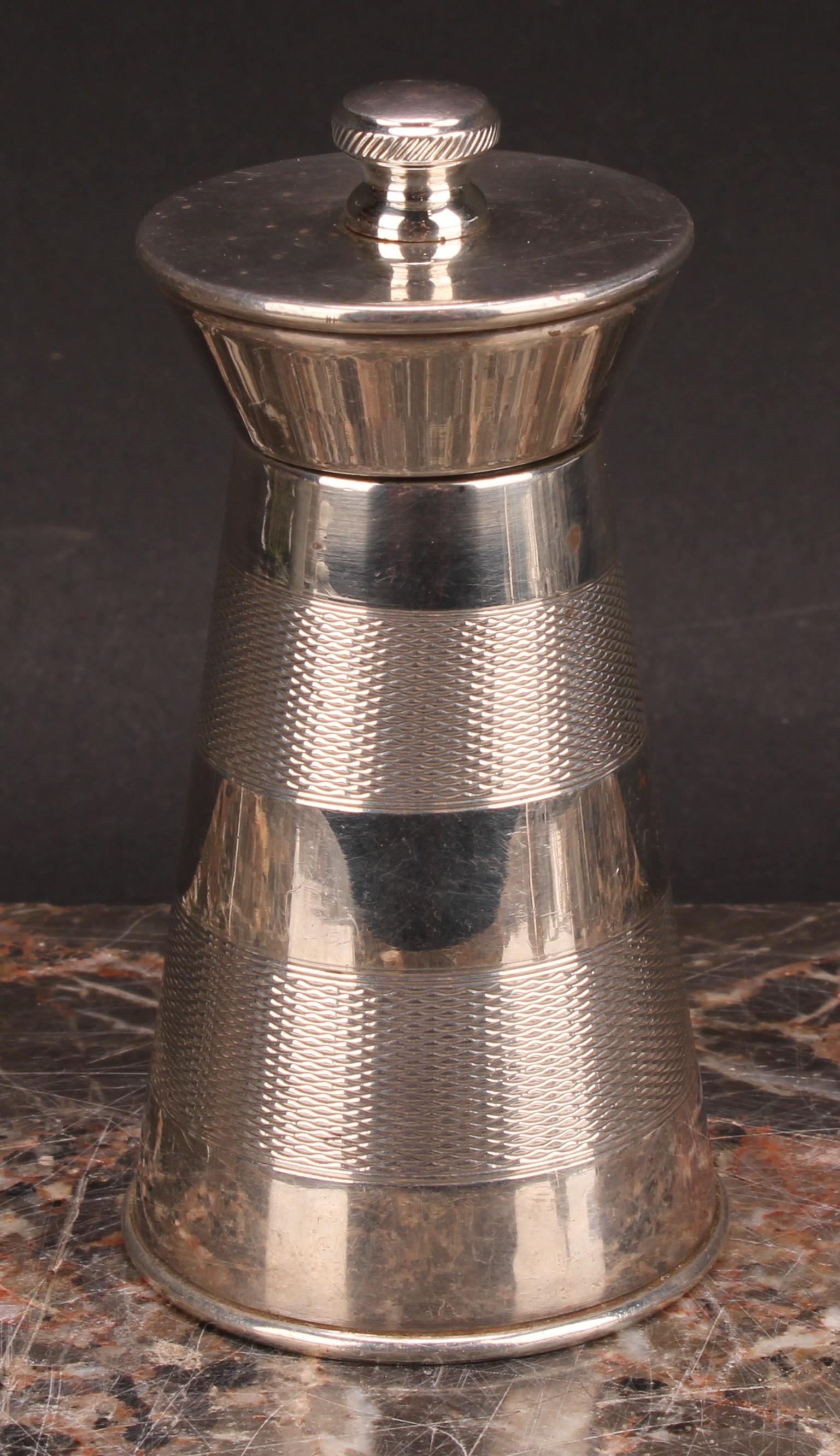A pair of Art Deco style silver spreading cylindrical pepper mills of grinders, each engine turned - Image 5 of 6