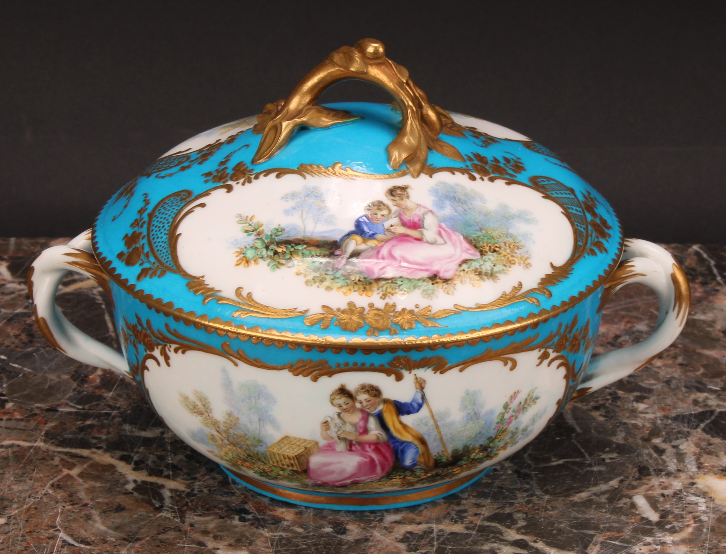 A Continental porcelain eculle and cover, painted with courting couples in a pastoral idyl, within - Image 2 of 8
