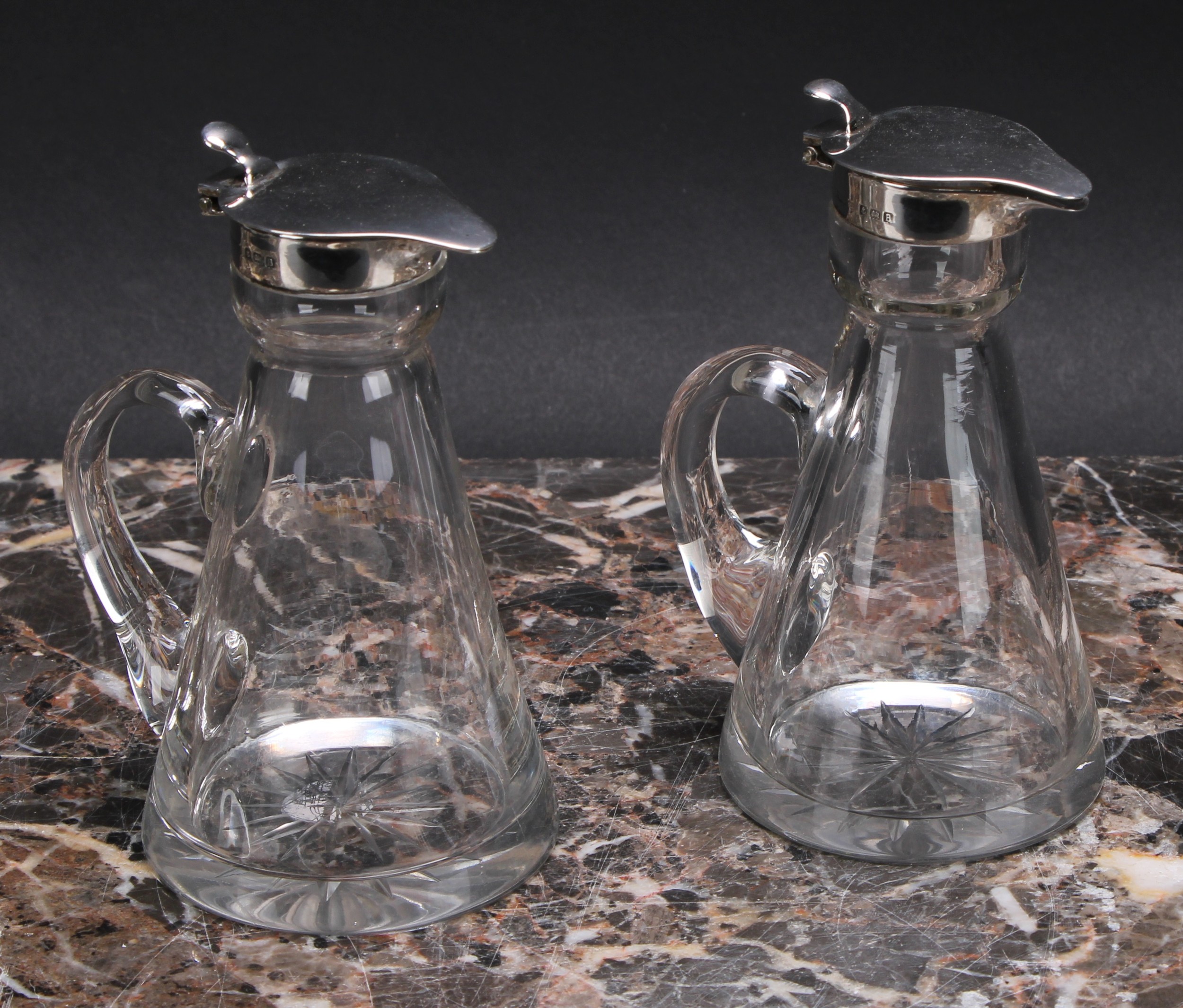 A pair of George V silver mounted conical whisky noggins, hinged covers, loop handles, star-cut - Image 2 of 6