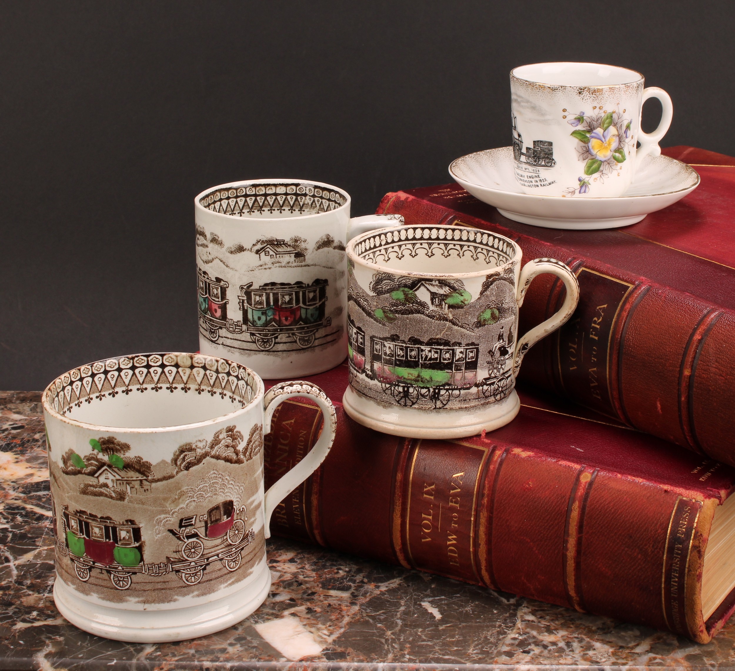 Railway Interest - a 19th century Staffordshire pearlware mug, printed in sepia tones, picked out in