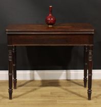 A George IV mahogany tea table, hinged top with channelled edge, drawer to side, turned legs, 75cm
