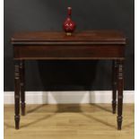 A George IV mahogany tea table, hinged top with channelled edge, drawer to side, turned legs, 75cm