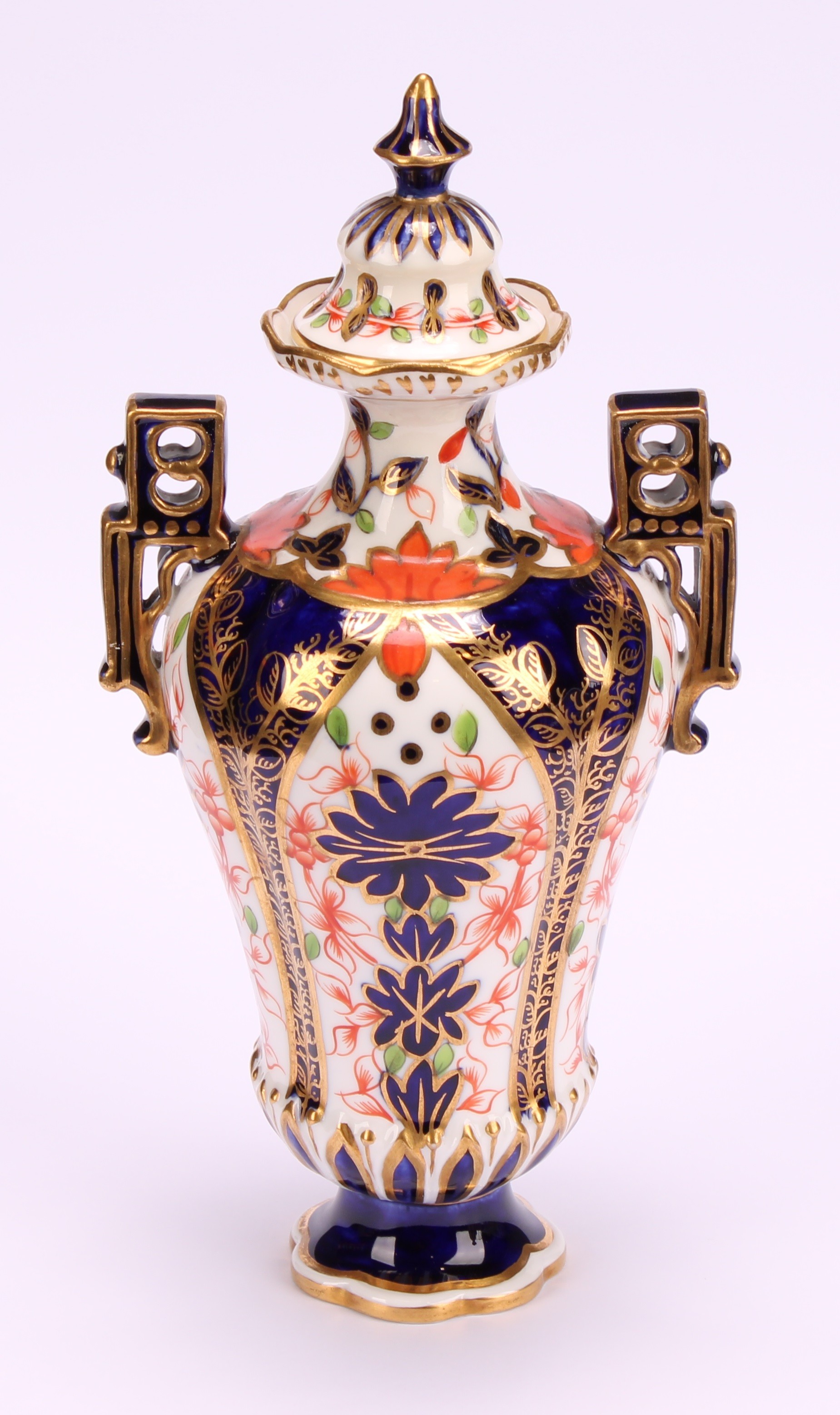 A Royal Crown Derby Imari elongated ogee shaped two-handled vase and cover, Japanesque angular - Image 6 of 9