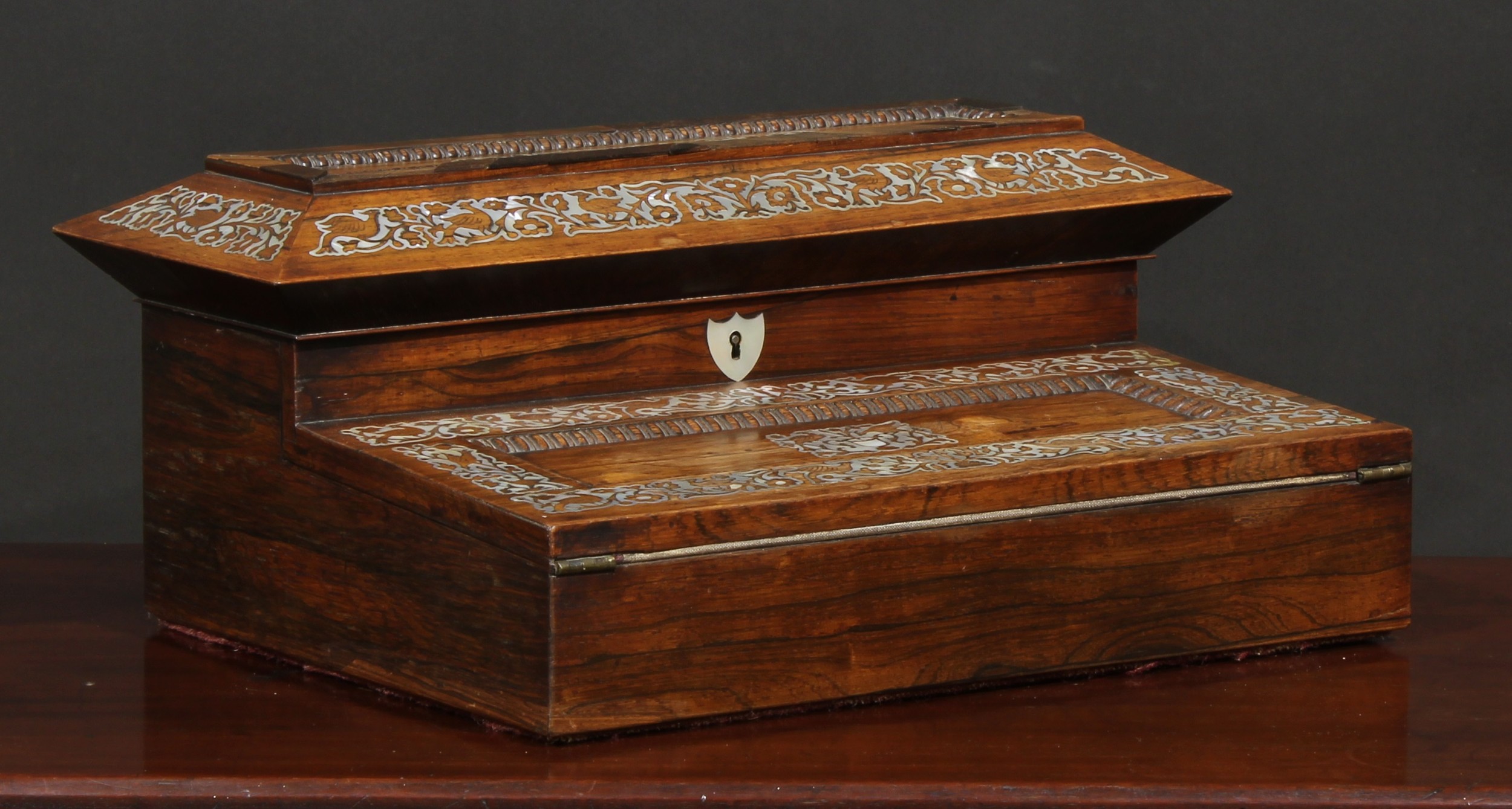 A 19th century rosewood and mother of pearl inlaid writing box, hinged cover enclosing fitted - Image 2 of 3