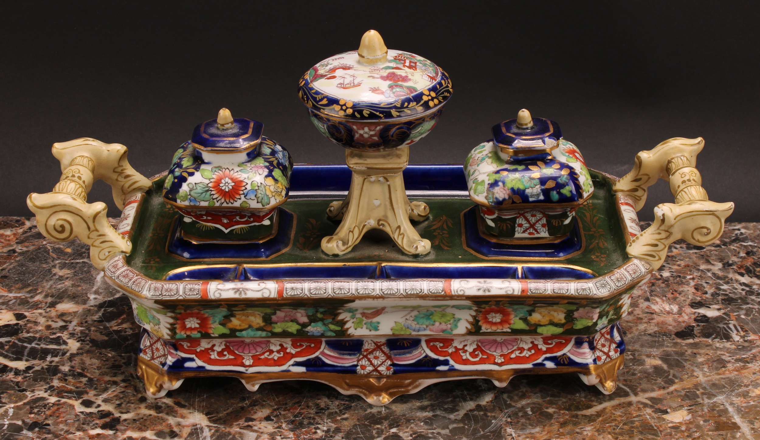 A 19th century Mason's ironstone canted rectangular ink stand, of silver shape, painted in - Image 5 of 6